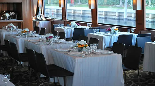 100-person yacht Miami Mid Sun grand dining room seating up to 92 guests