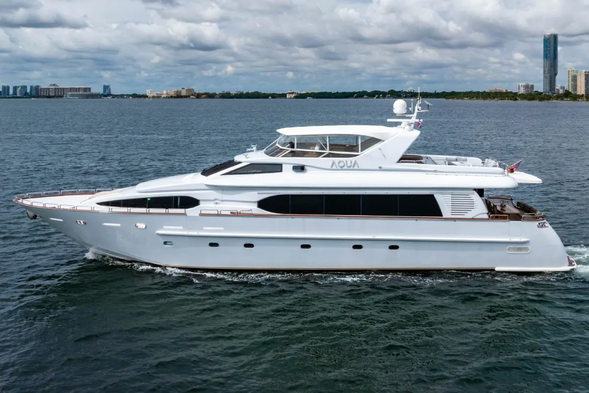 105ft Aqua Yacht Miami bow lounge area yacht rental