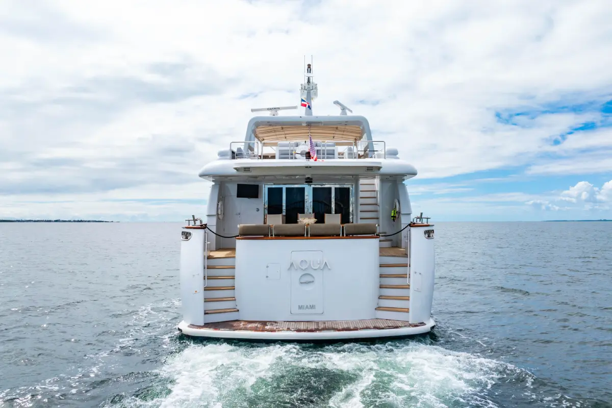 105ft Aqua Yacht Miami sun deck seating area private charter