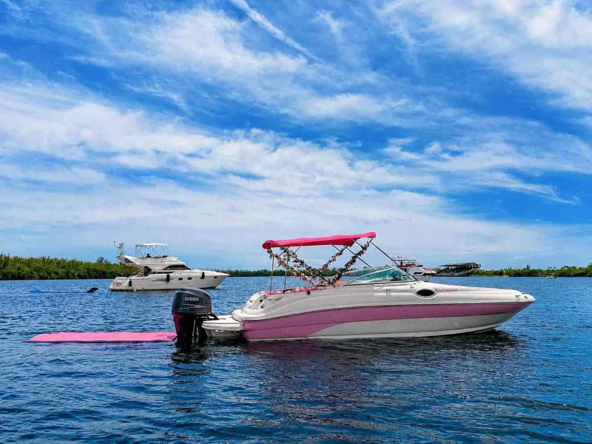 26ft pink Sea Ray Miami at anchor on the bay with floating mat