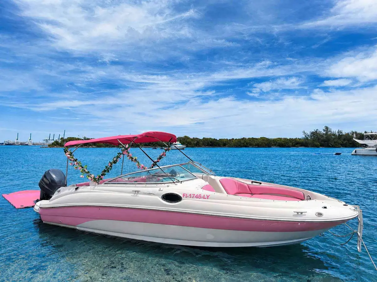 26ft pink Sea Ray Miami anchored at the beach with pink shade top and floating mat