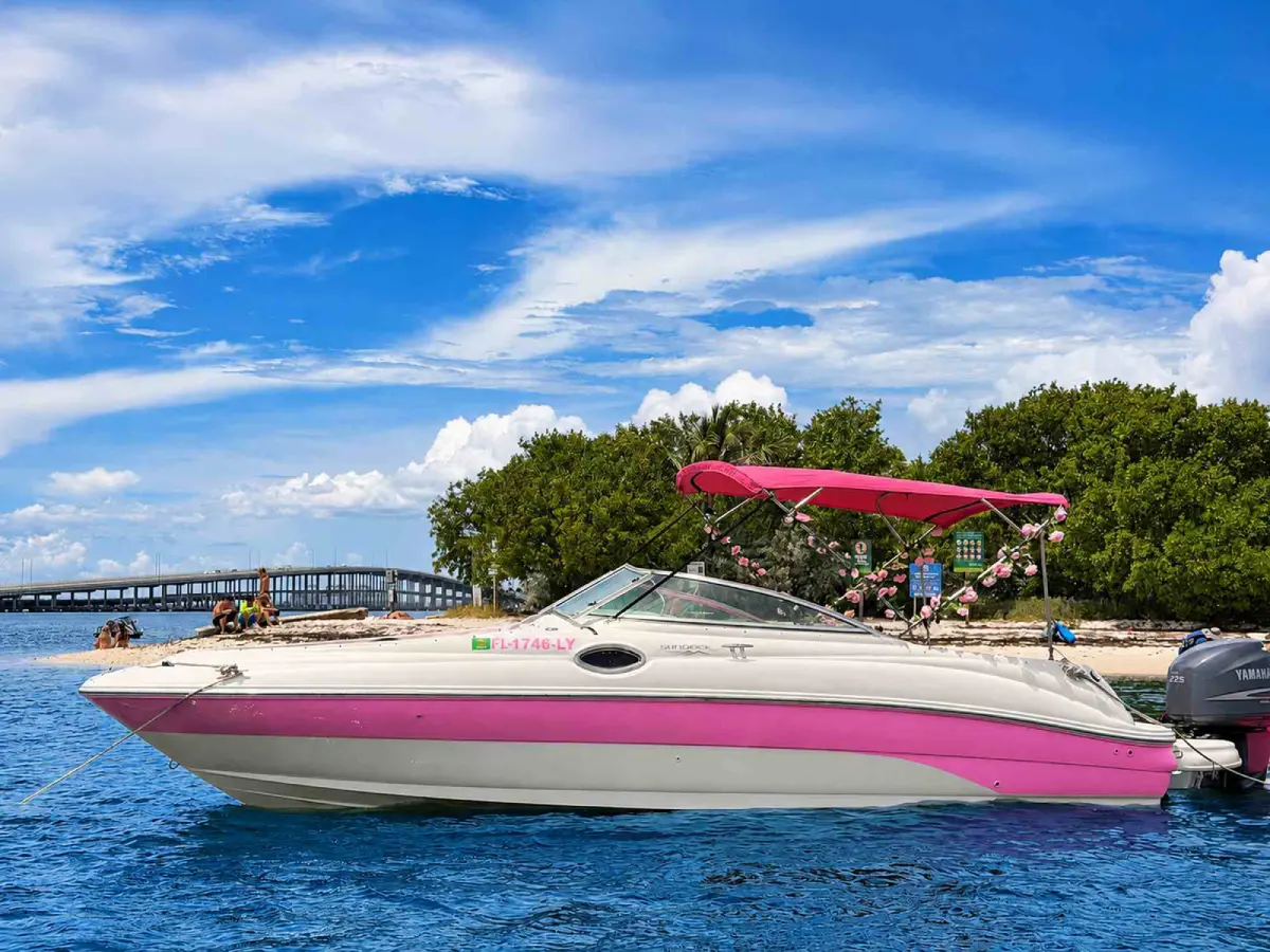 26ft pink Sea Ray Miami pulled up to an island beach with trees and a causeway behind
