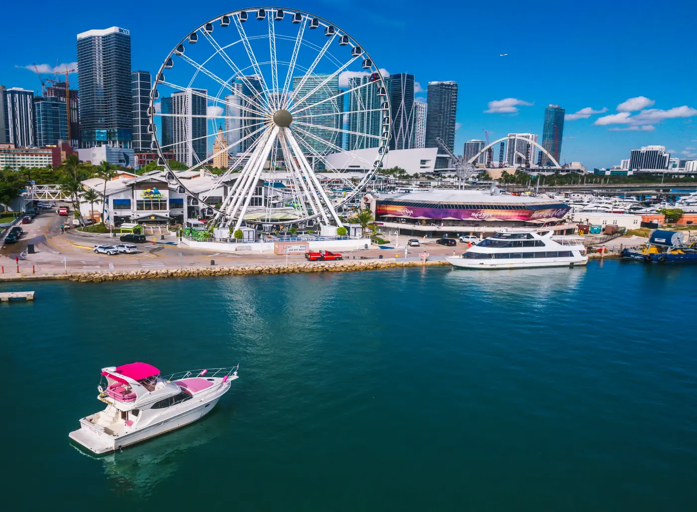 Aerial view of 41ft pink Silverton yacht Miami on Biscayne Bay near Bayside Marketplace