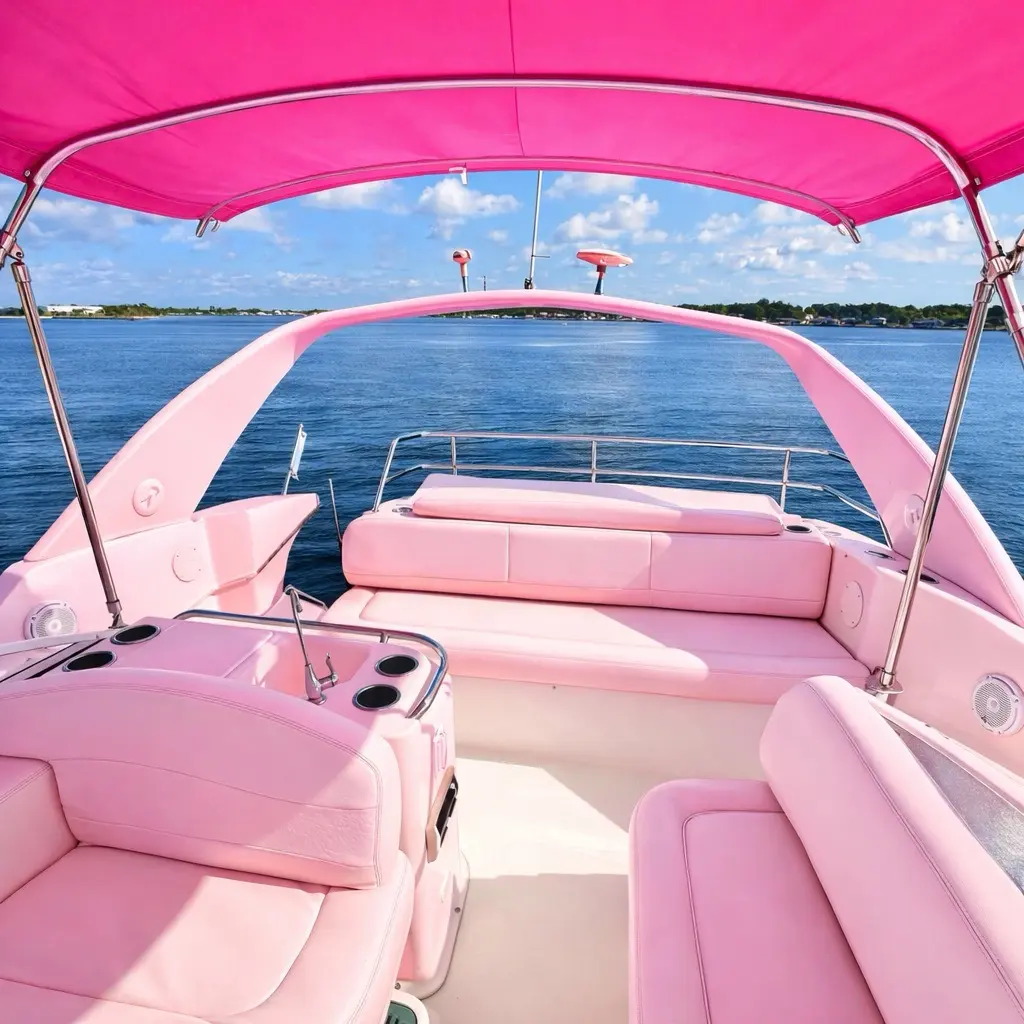42ft pink yacht Miami pink deck seating under a pink canopy