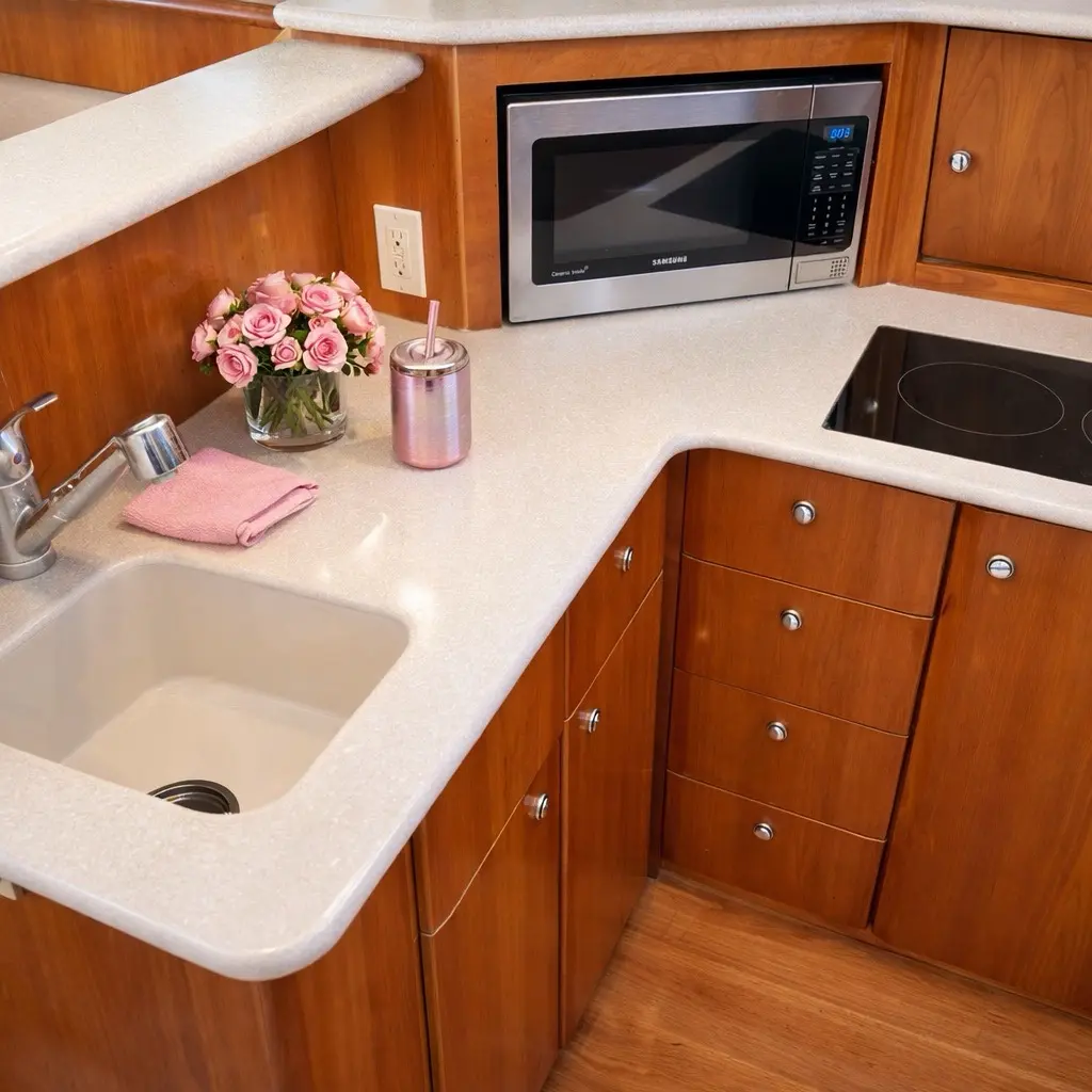 42ft pink yacht Miami galley counter with pink roses