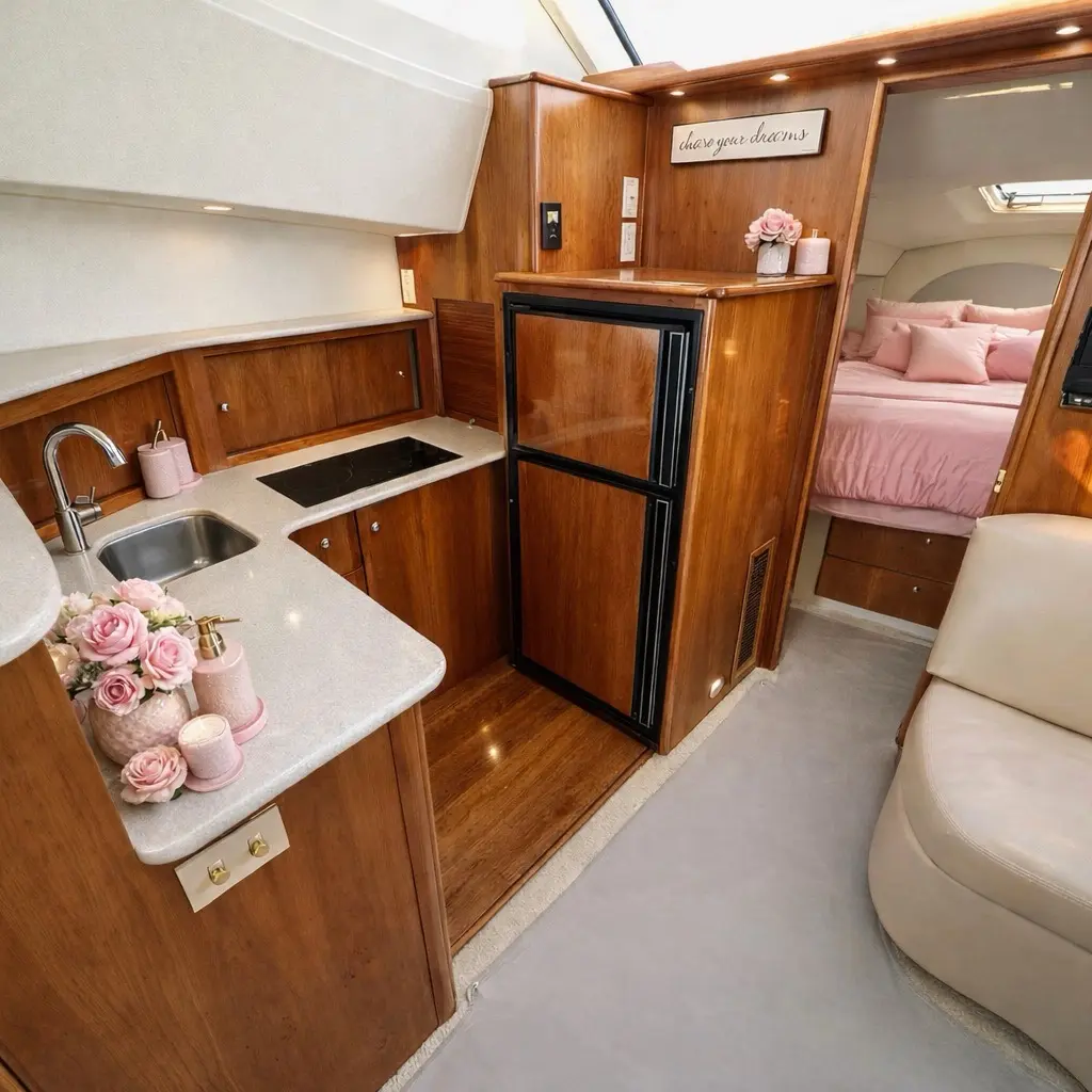 42ft pink yacht Miami galley with a view into the stateroom with pink bedding