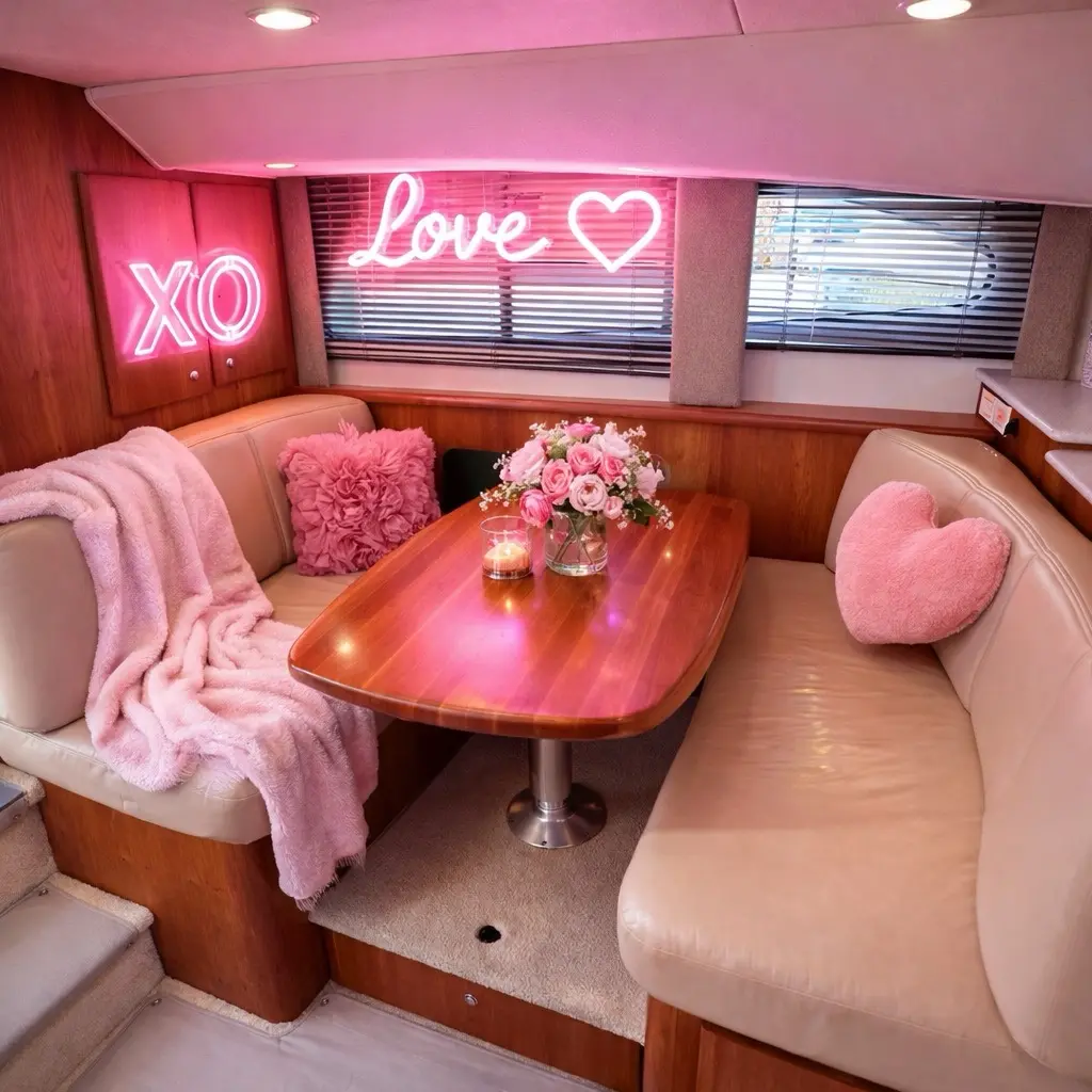 42ft pink yacht Miami salon with Love neon sign and pink roses