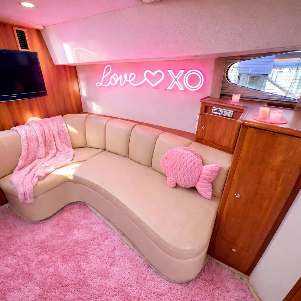 Air-conditioned cabin on 42ft pink yacht Miami with pink rug and XO neon sign