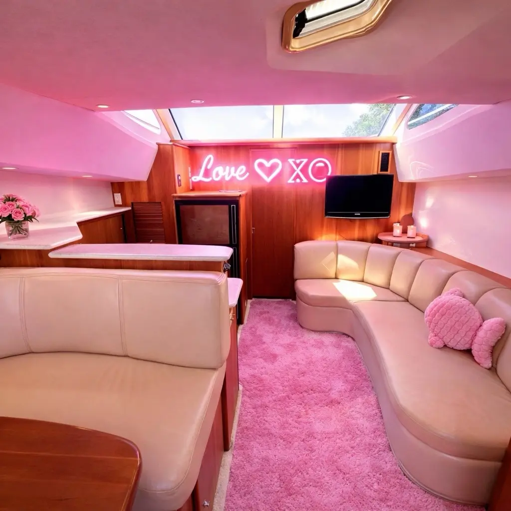 42ft pink yacht Miami salon with curved lounge seating and Love XO neon