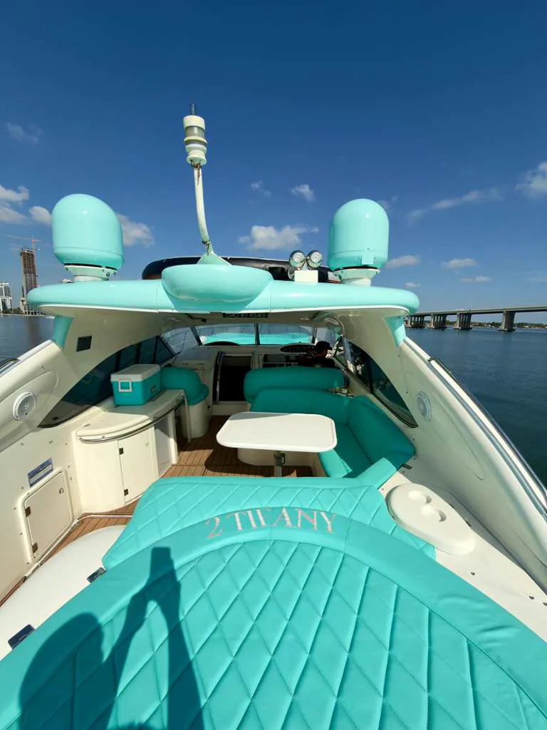Aft sunpad and cockpit of the 60ft Tiffany Predator yacht seen from above