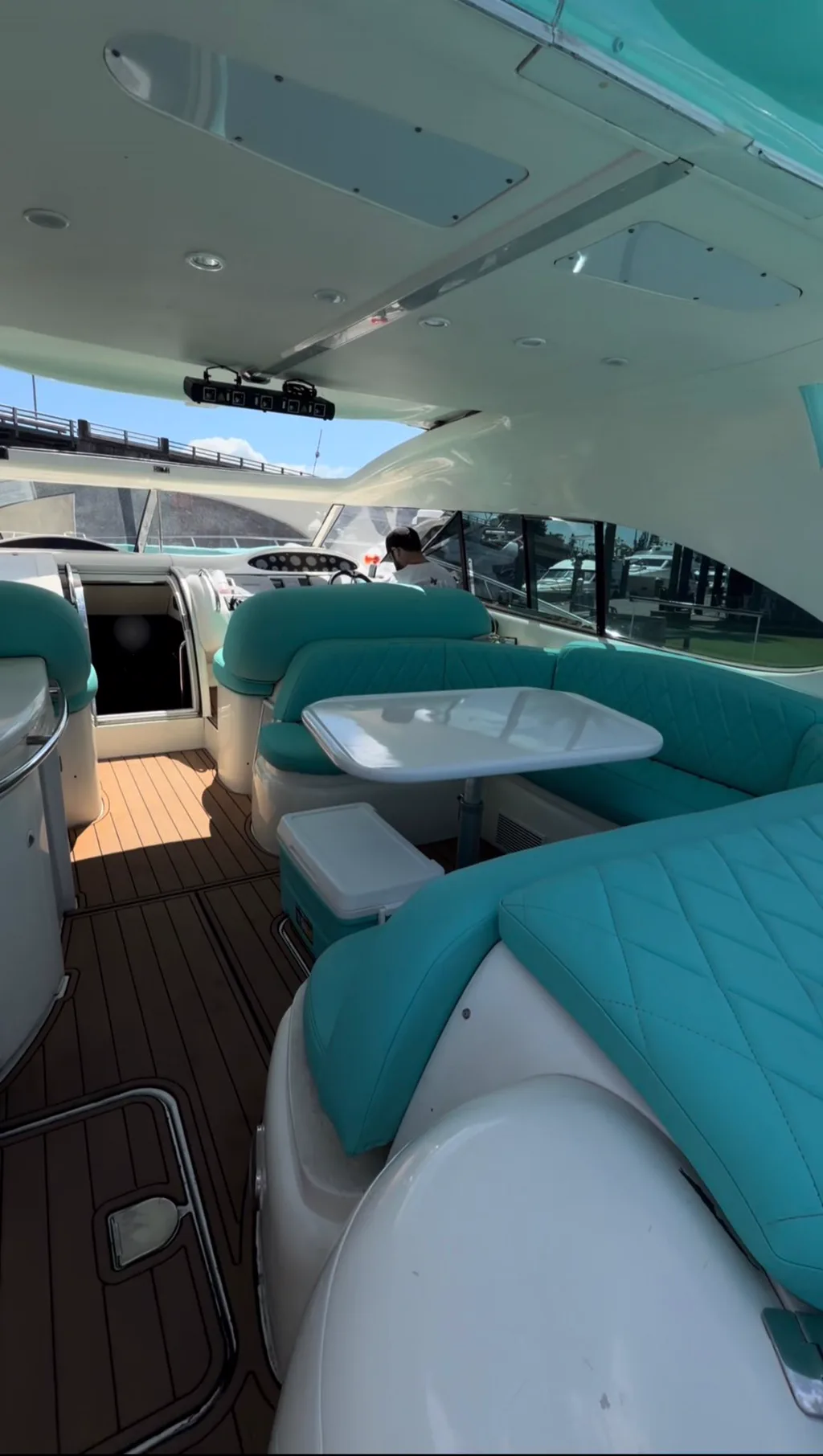 Cockpit of the 60ft Tiffany Predator yacht looking forward to the helm
