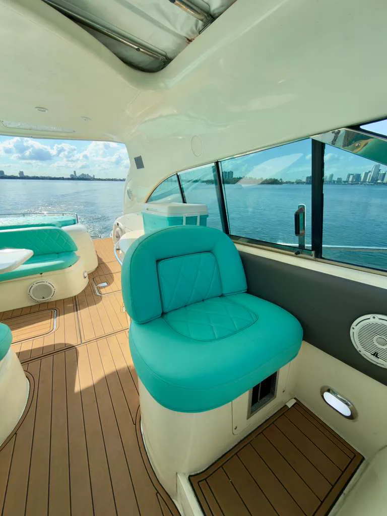 Tiffany blue helm seat and teak deck on the Sunseeker Predator