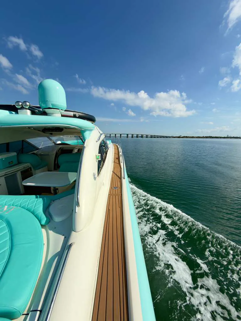 Side deck and cockpit seating on the Tiffany Predator yacht while cruising
