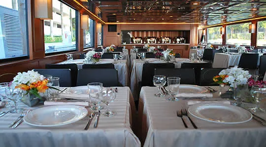 Spacious main deck dining room on Midnight Sun Yacht