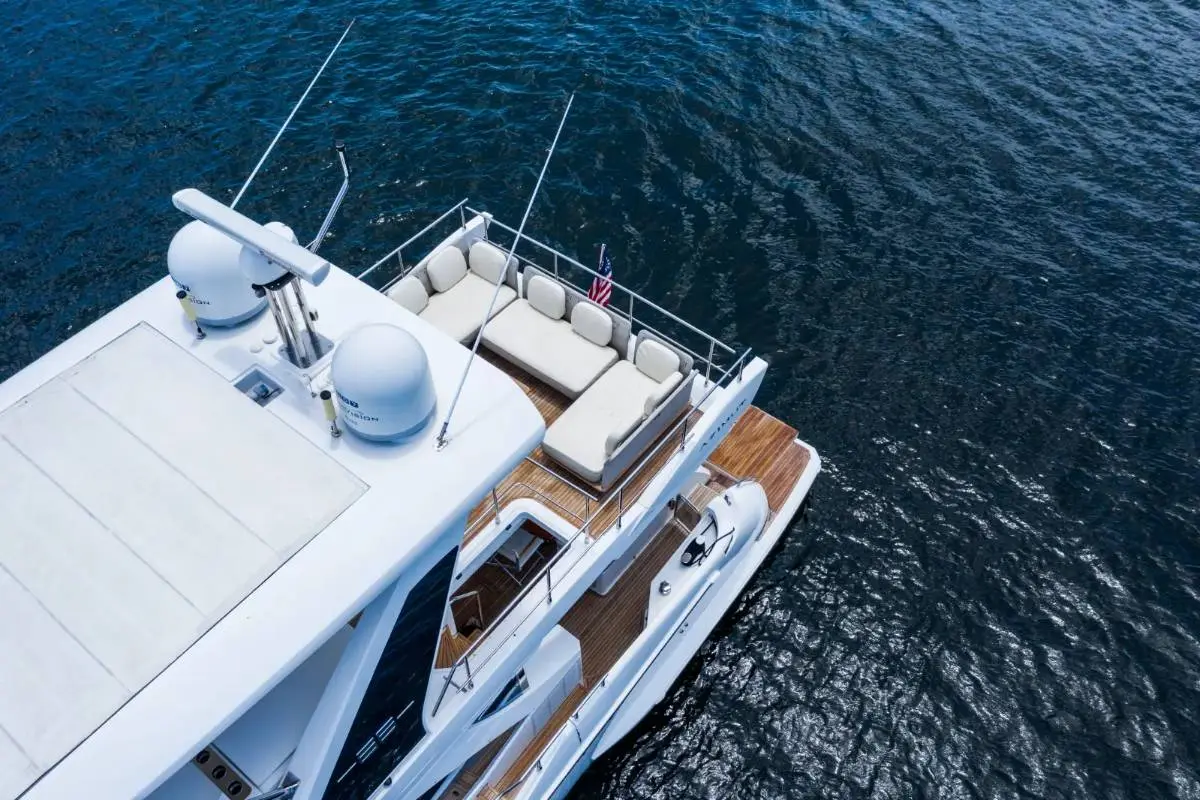 70ft Azimut Flybridge Miami aerial view passing Star Island