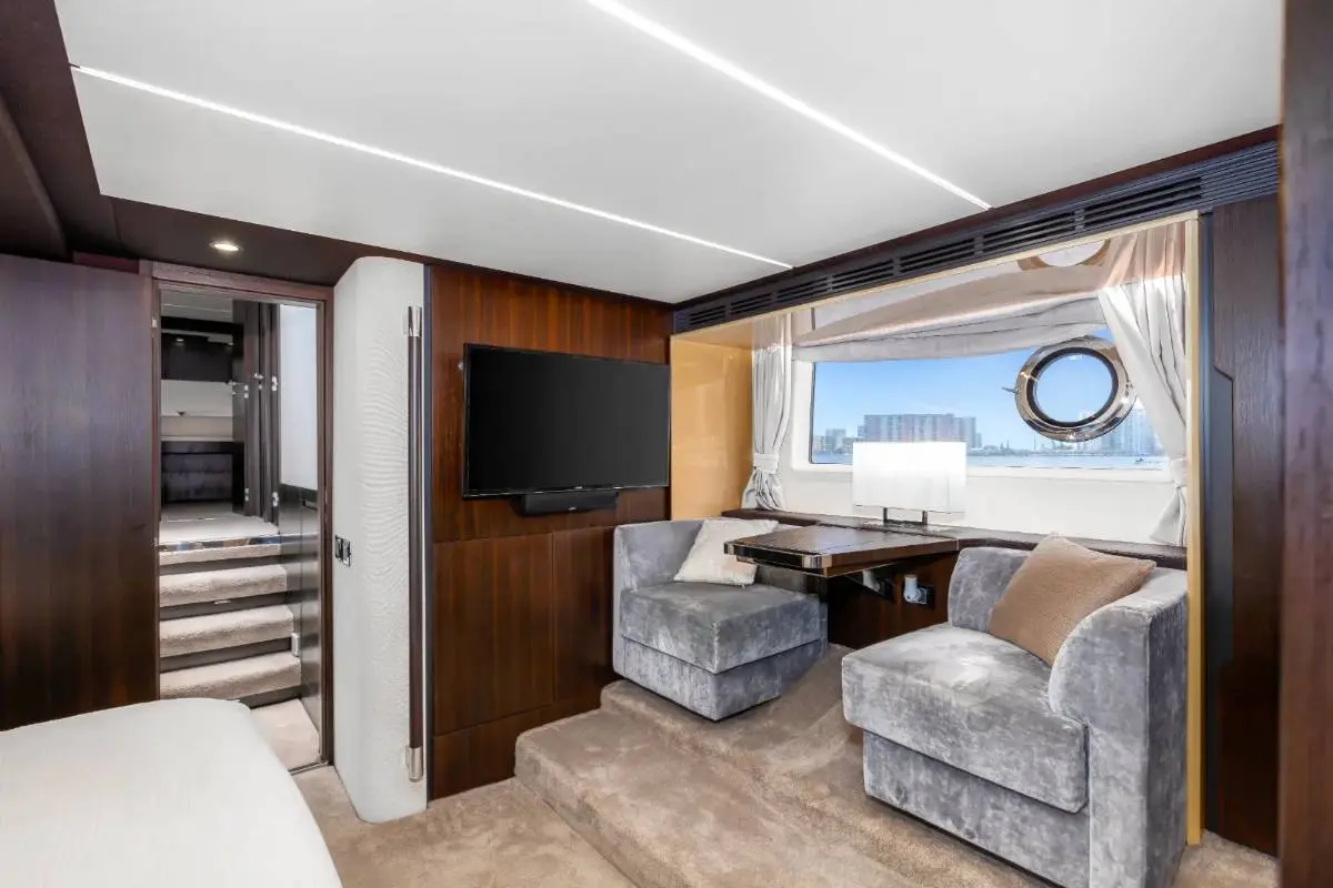 70ft Azimut 68 Flybridge yacht rental Miami main deck lounge area