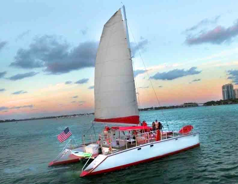 50-foot catamaran rental Miami with water toys jet ski snorkeling up to 42 guests
