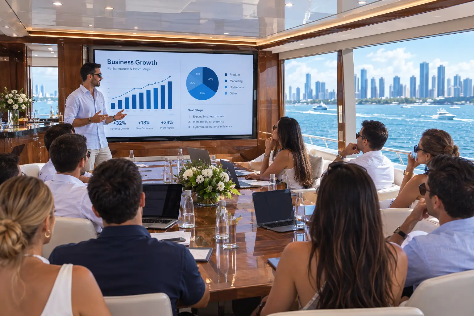 Corporate business board meeting and presentation on luxury yacht in Miami