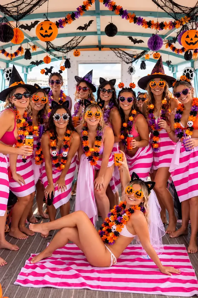 Halloween bachelorette group in costumes on a party boat in Miami