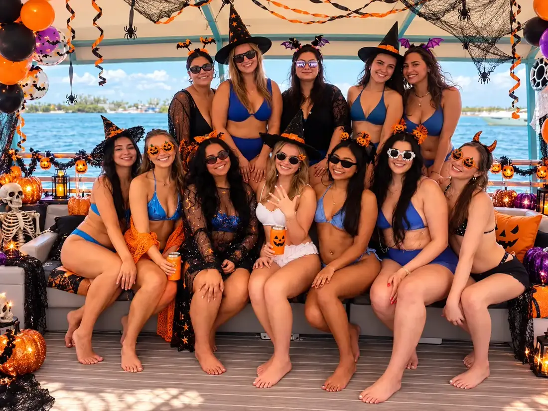 Group in witch hats at a Halloween boat party on Biscayne Bay, Miami