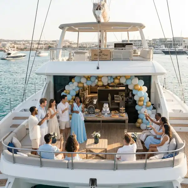 Boho baby shower décor linen natural textures on yacht