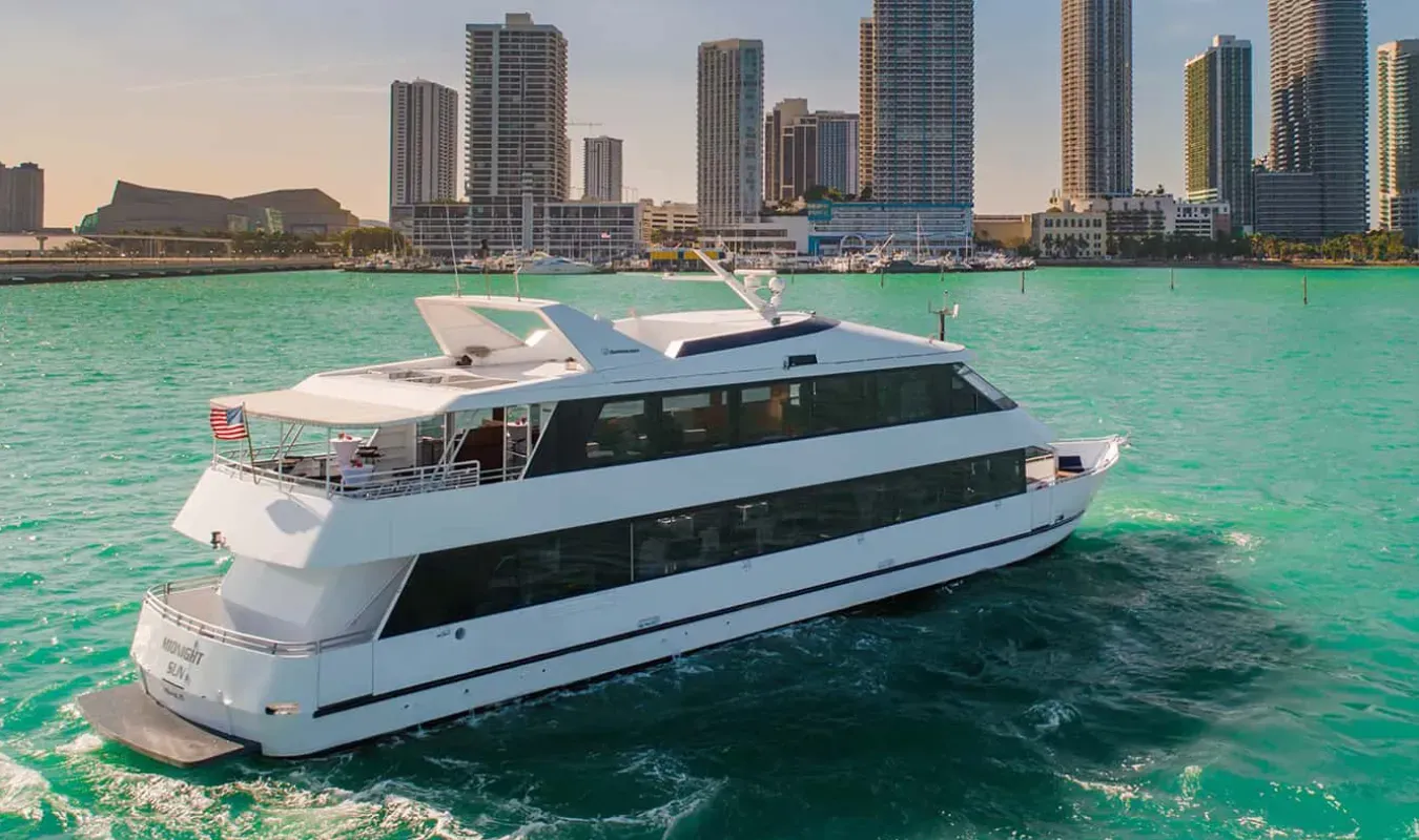Midnight Sun party yacht Miami for nightlife events and VIP yacht parties up to 120 guests