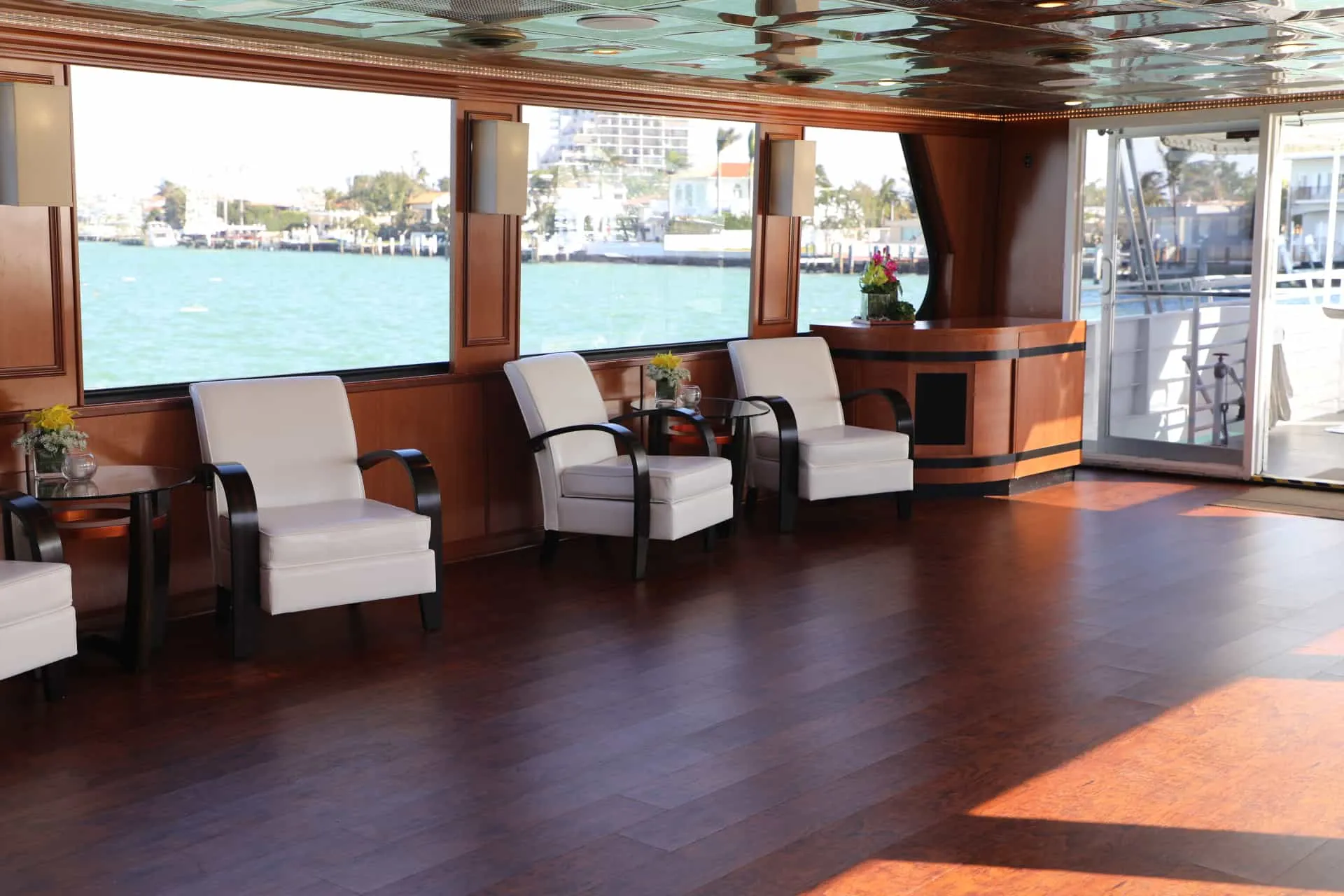 Party yacht Miami Mid Sun full vessel profile view on Biscayne Bay