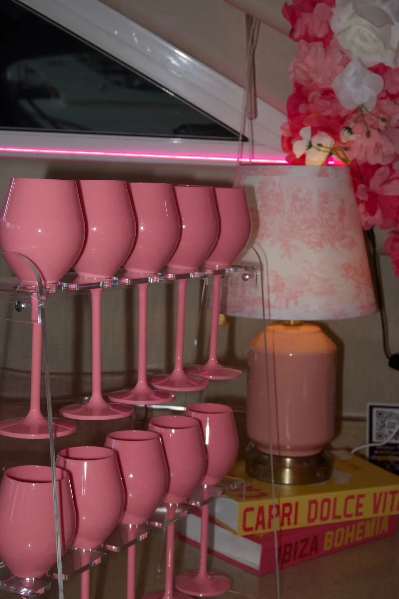 Pink wine glasses on Pink Horizon yacht Miami private charter
