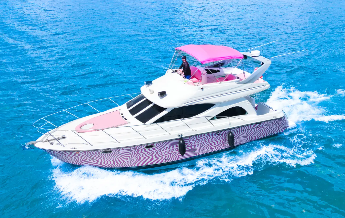 46-foot pink Maxum yacht rental Miami with captain for up to 13 guests