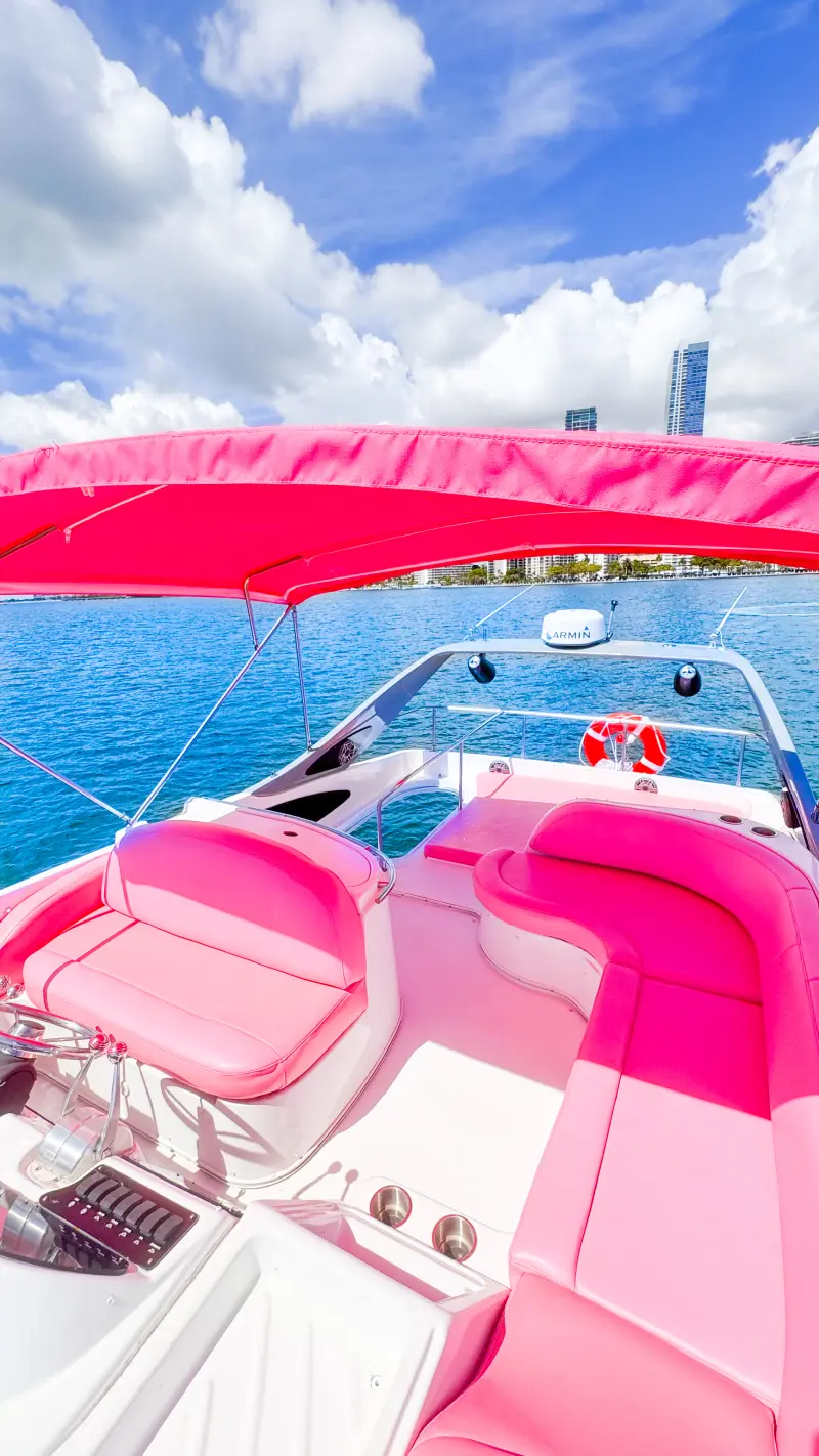 Pink Maxum yacht Miami flybridge with pink canopy and Miami skyline behind