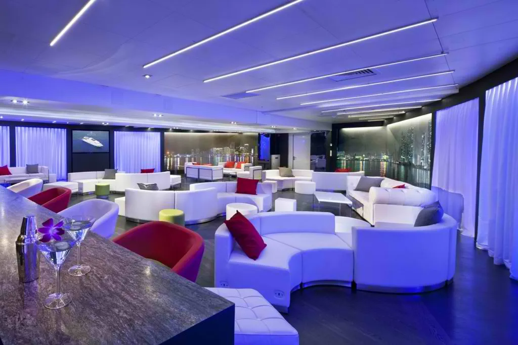 Refined Captain's VIP Lounge on the Sea Yacht offering an elite luxury yacht experience and miami luxury boat charter