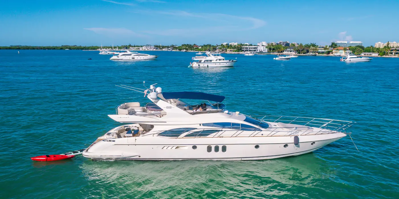 65ft Sea La Vie luxury yacht rental Miami aerial view on Biscayne Bay