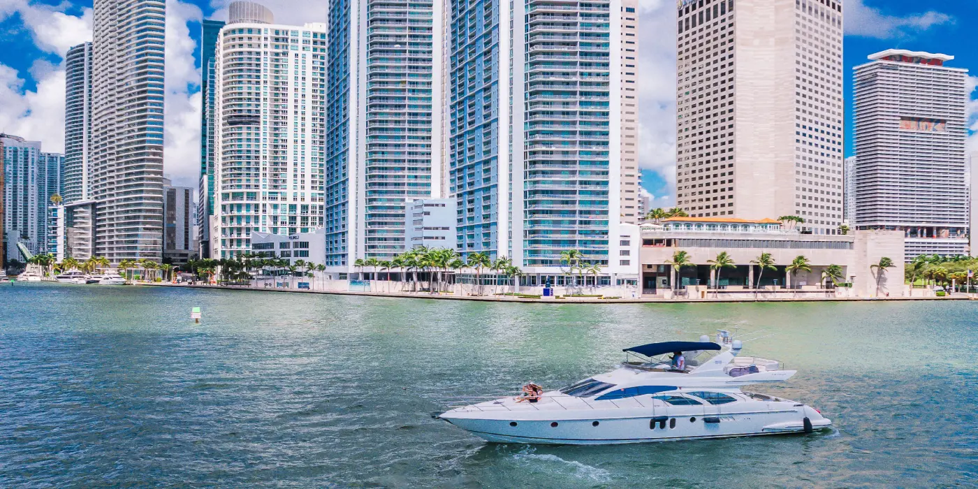 65ft Sea La Vie Azimut Flybridge Miami aerial bow view over turquoise water