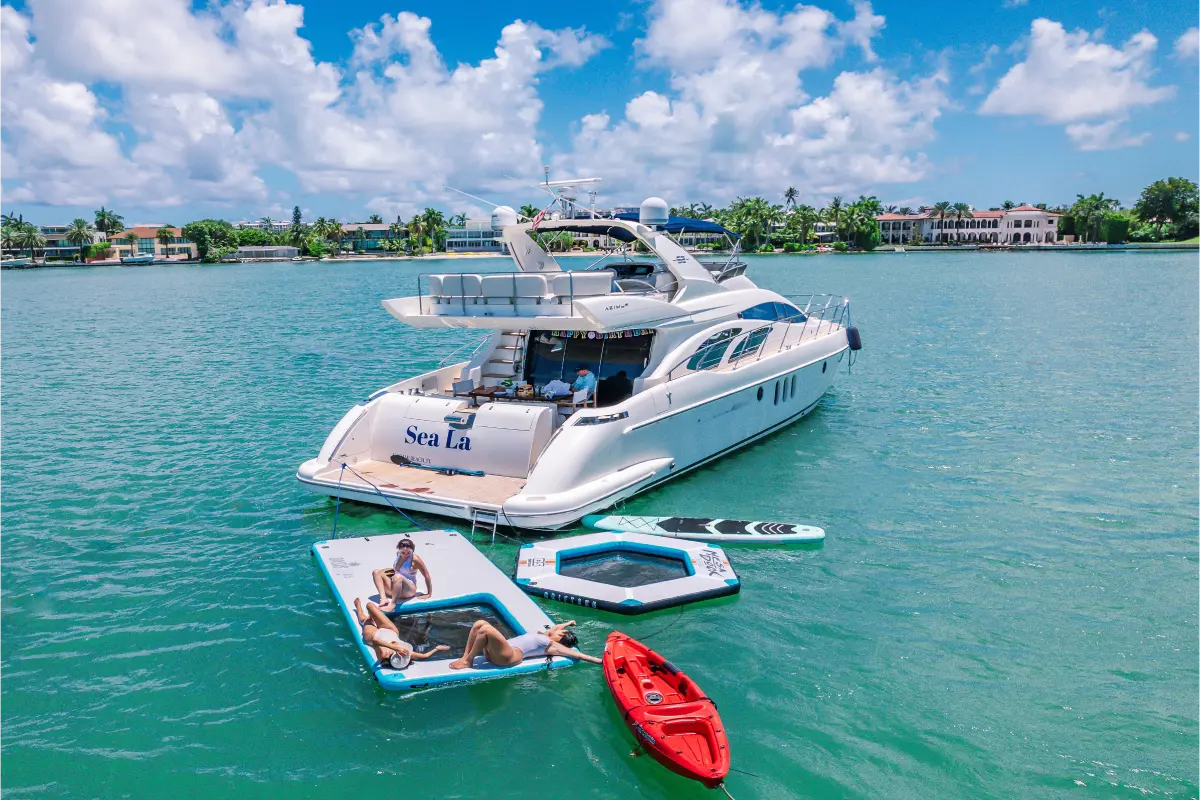 65ft Sea La Vie Azimut Flybridge Miami aerial view passing Star Island