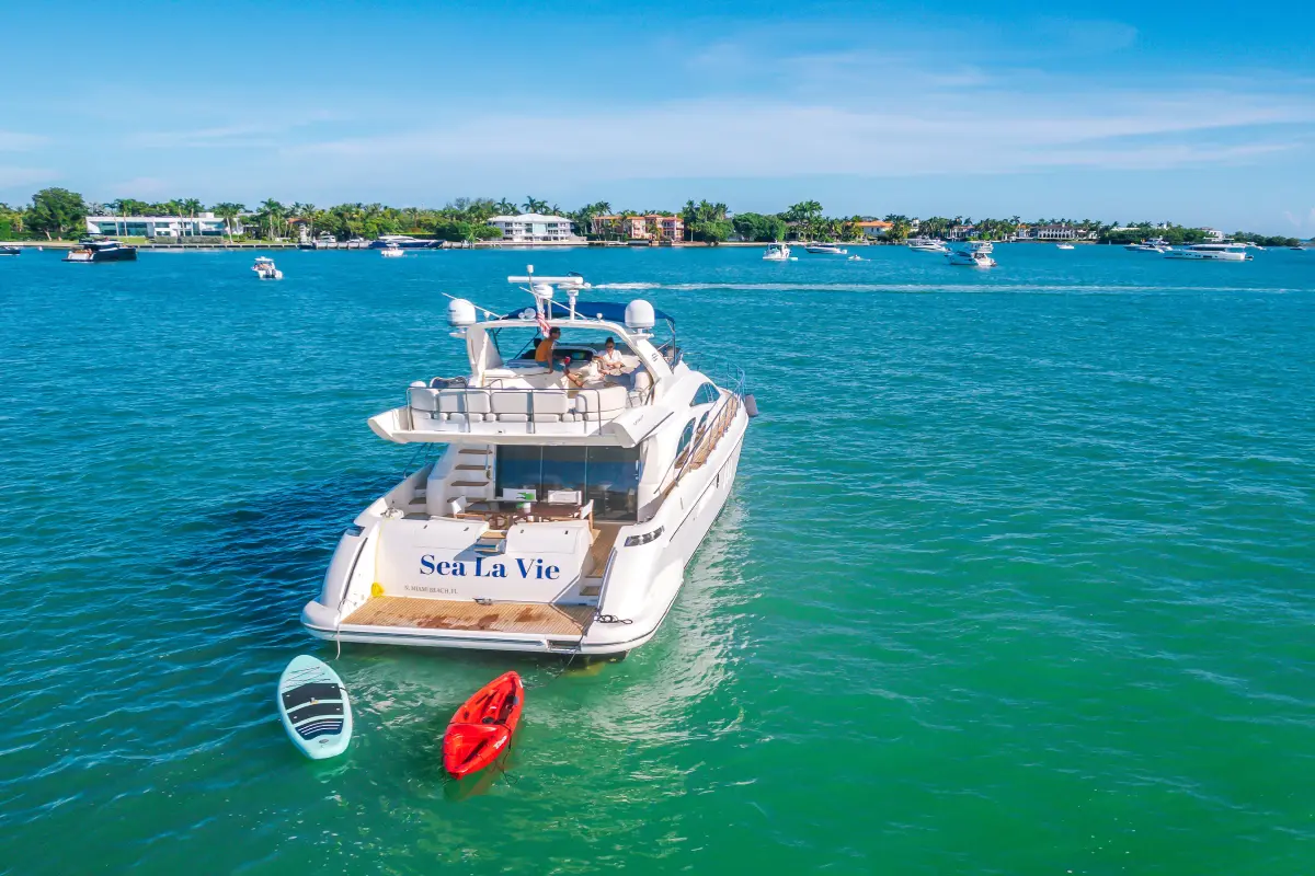 65ft Sea La Vie luxury yacht rental Miami aerial starboard view