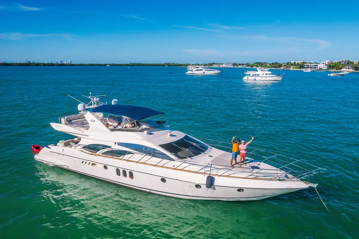 65ft Sea La Vie Azimut Flybridge Miami drone view of aft deck and swim platform