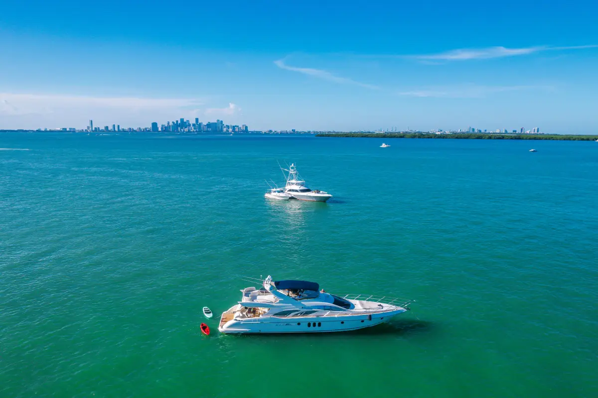 65ft Sea La Vie Azimut Flybridge Miami drone profile shot on Biscayne Bay