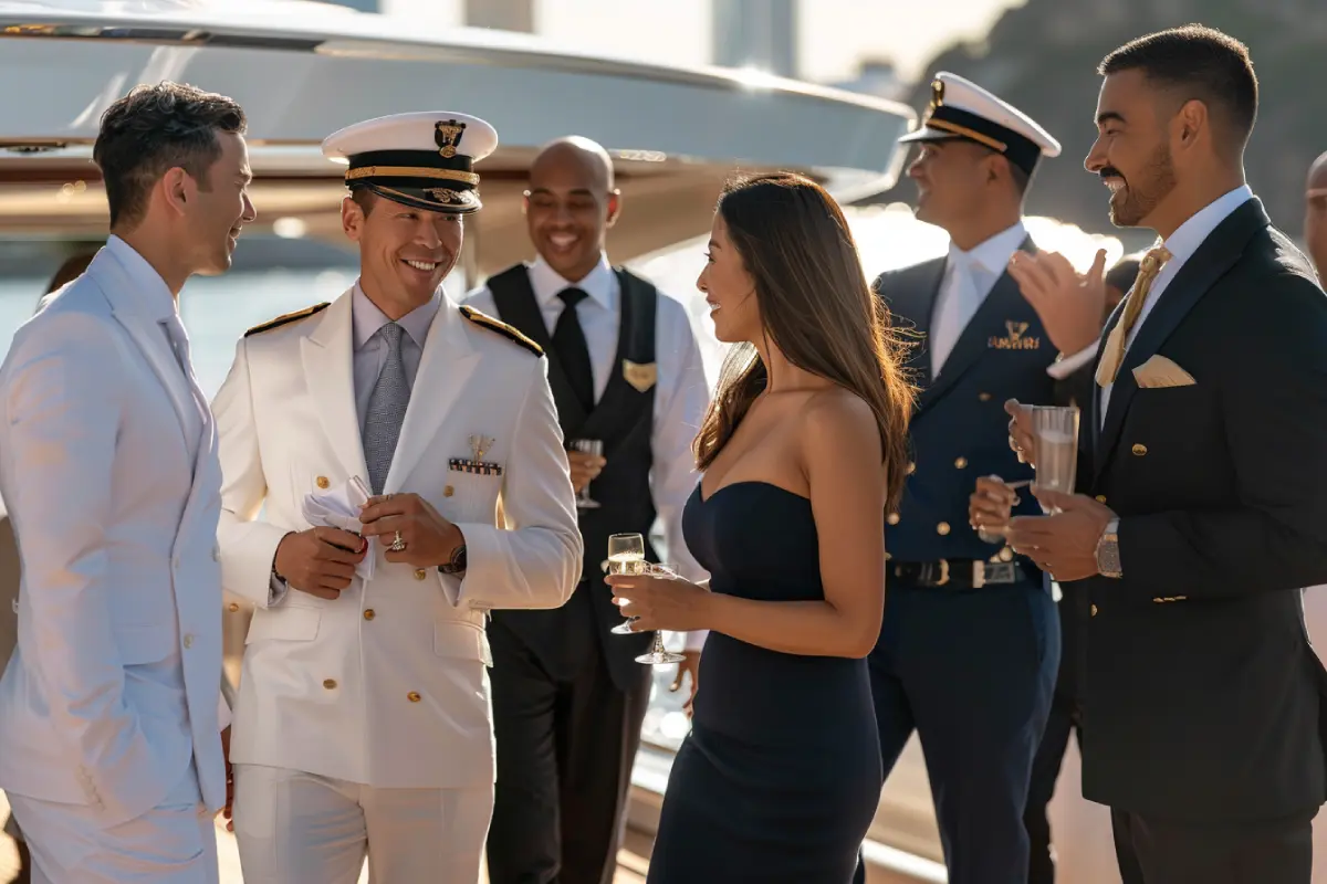 Professional and uniformed crew members delivering high-end service on our luxury yacht charters in Miami