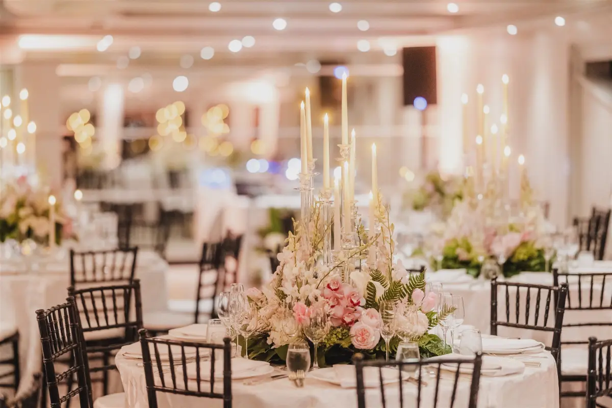 Exquisite wedding reception table setup on the Sea Yacht for a wedding on a yacht in Miami