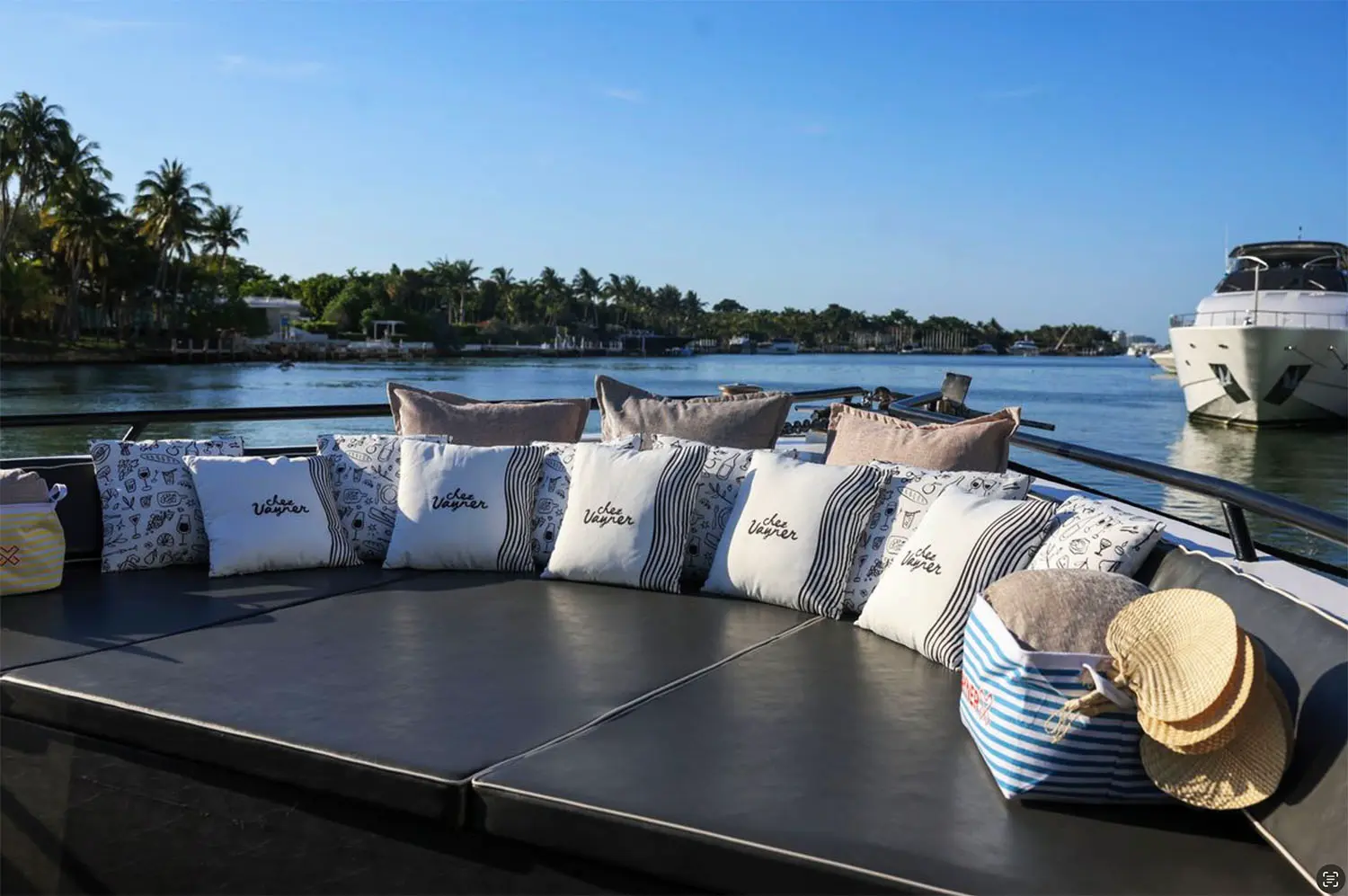 Stellar Yacht bow lounge with cushions Miami charter private event