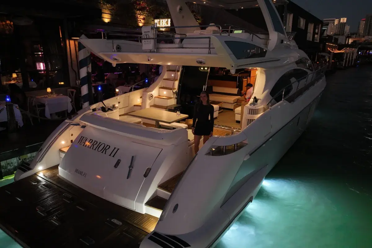 68ft Warrior II Azimut private yacht rental Miami aerial view on open water