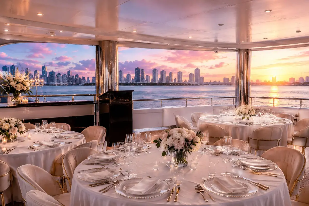 Elegant dining setup aboard a miami corporate boat rental
