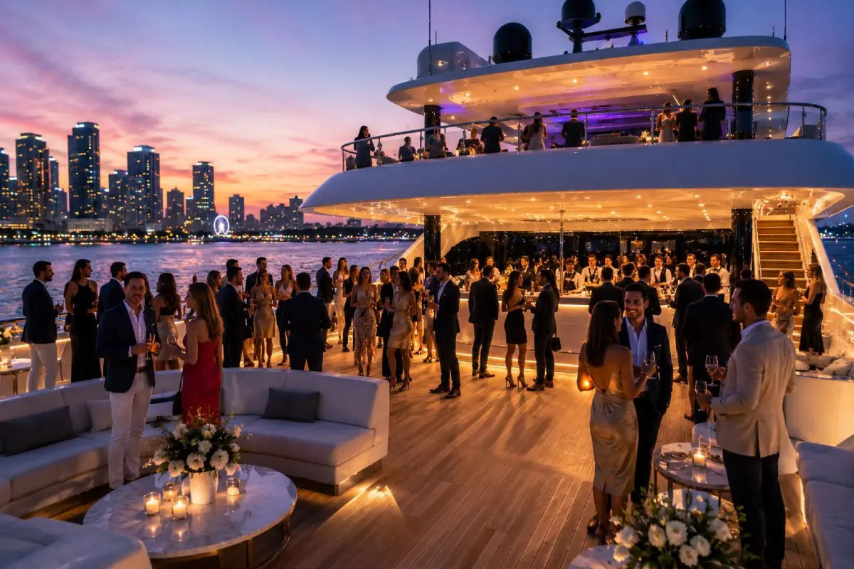 Outdoor corporate yacht party deck on a luxury Miami vessel