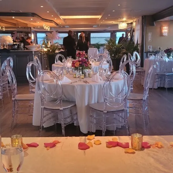 Sunset yacht wedding cruise Miami skyline backdrop